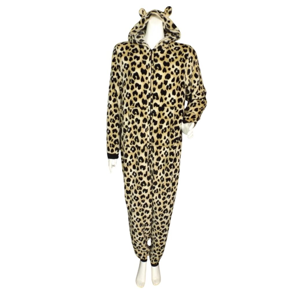 LEOPARD PRINT Hoodie Pajamas, L, Just Be, Onesie/Union Suit, Tan/Brown, Zipper